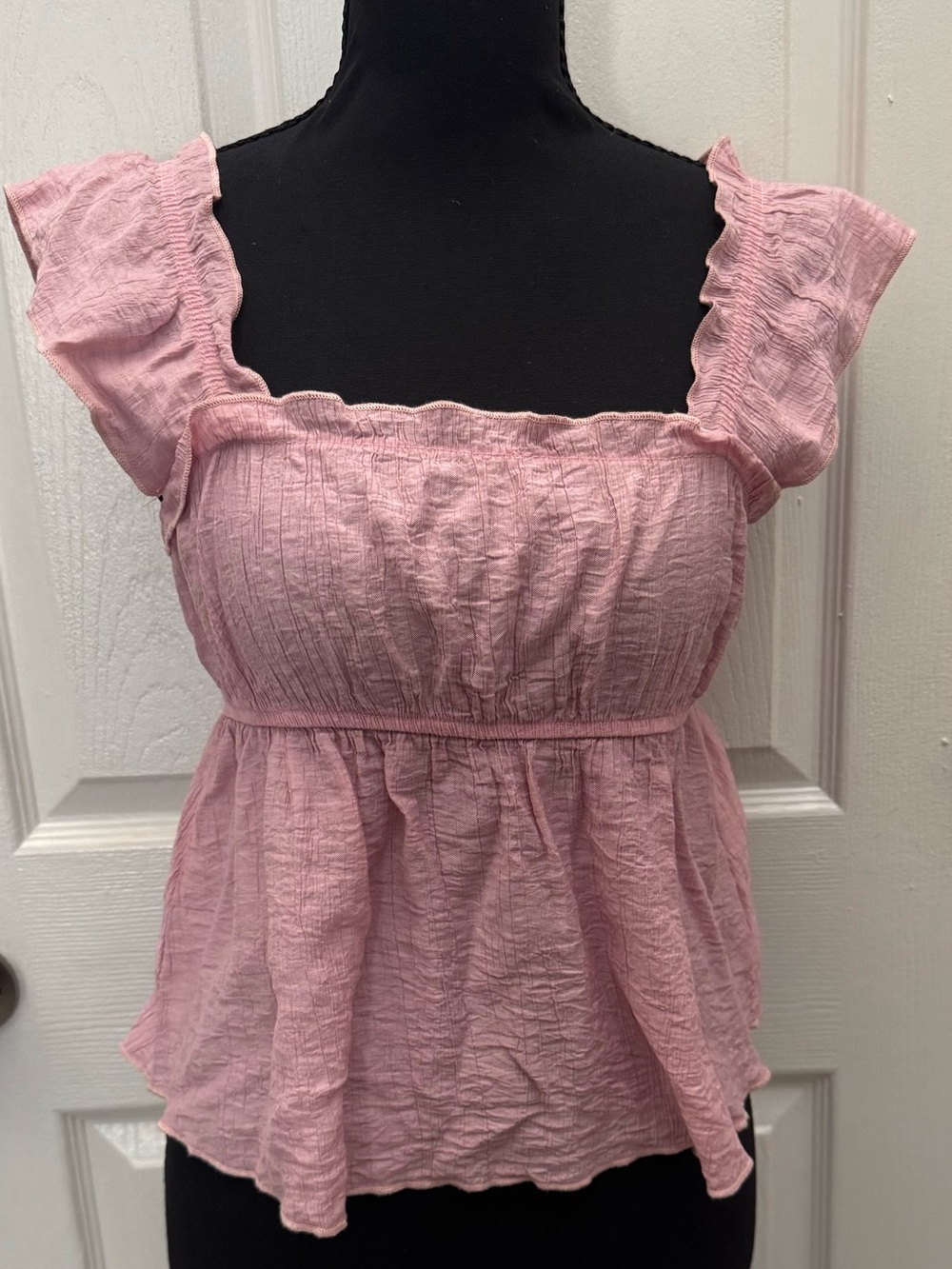 SHEIN Light Pink Ruffled Square-Neck Smock Peplum Top